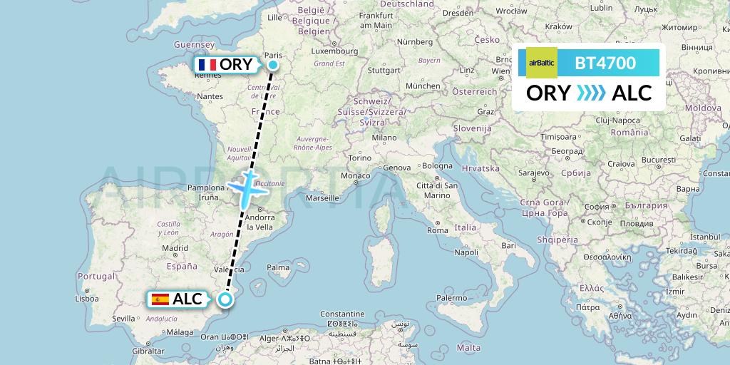 BT4700 Air Baltic Flight Map: Paris to Alicante