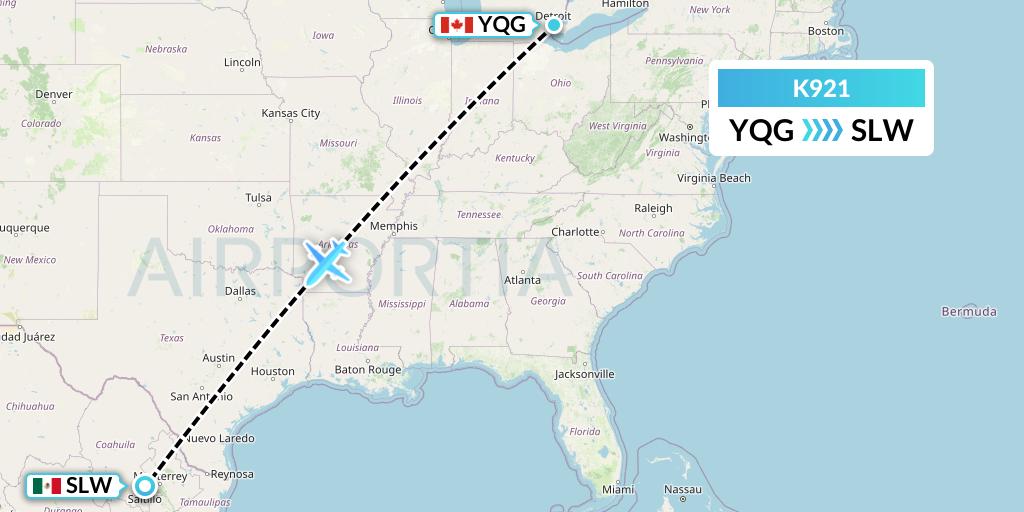 K921 Kalitta Charters Flight Map: Windsor to Saltillo