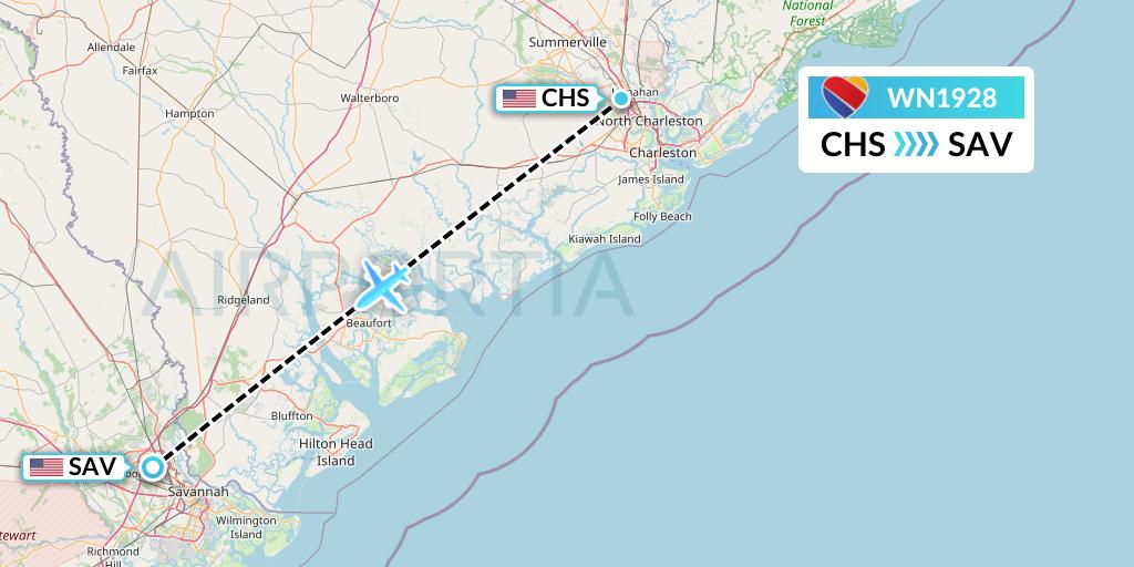 WN1928 Southwest Airlines Flight Map: Charleston to Savannah