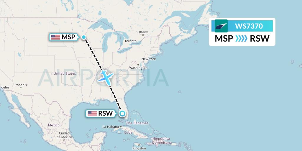 WS7370 WestJet Flight Map: Minneapolis to Fort Myers