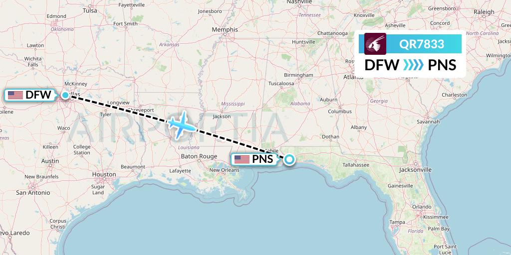 QR7833 Qatar Airways Flight Map: Dallas to Pensacola