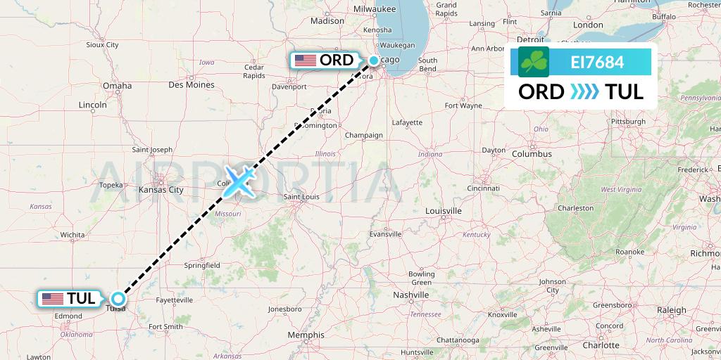 EI7684 Aer Lingus Flight Map: Chicago to Tulsa
