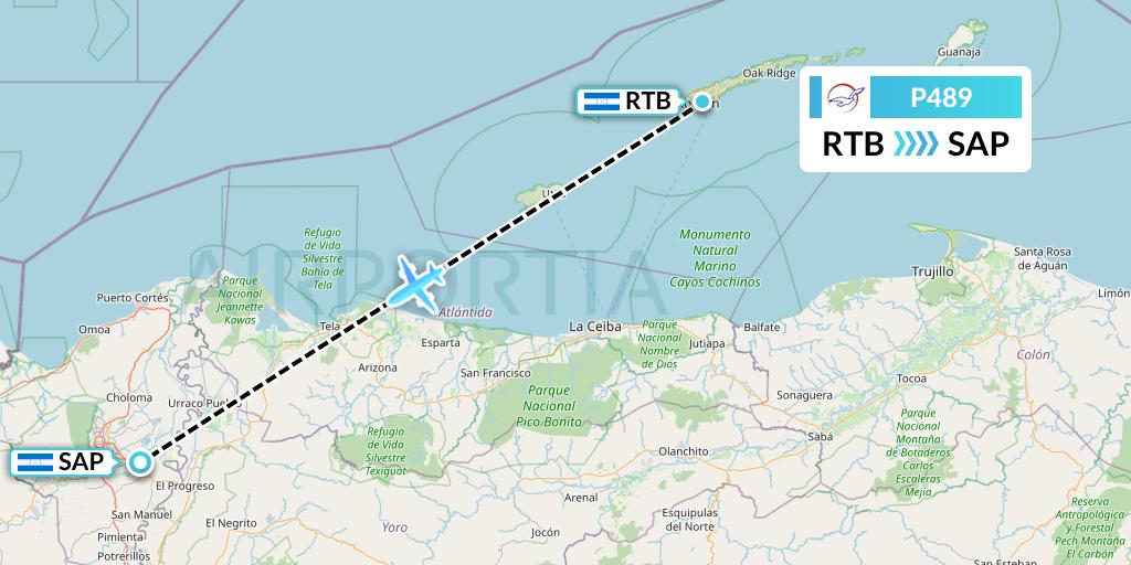 P489 Air Peace Flight Map: Roatan to San Pedro Sula