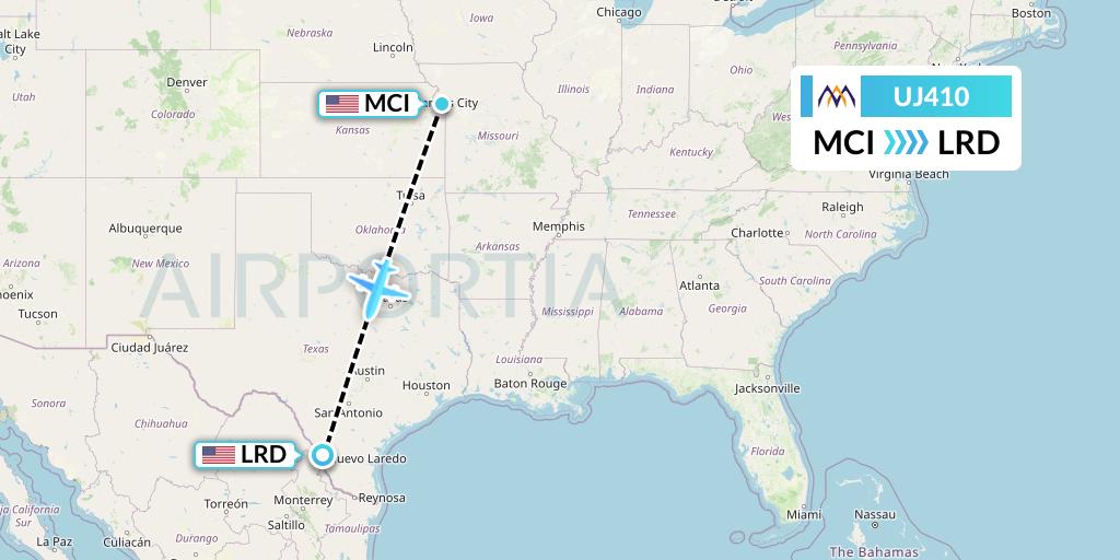 UJ410 AlMasria Universal Airlines Flight Map: Kansas City to Laredo