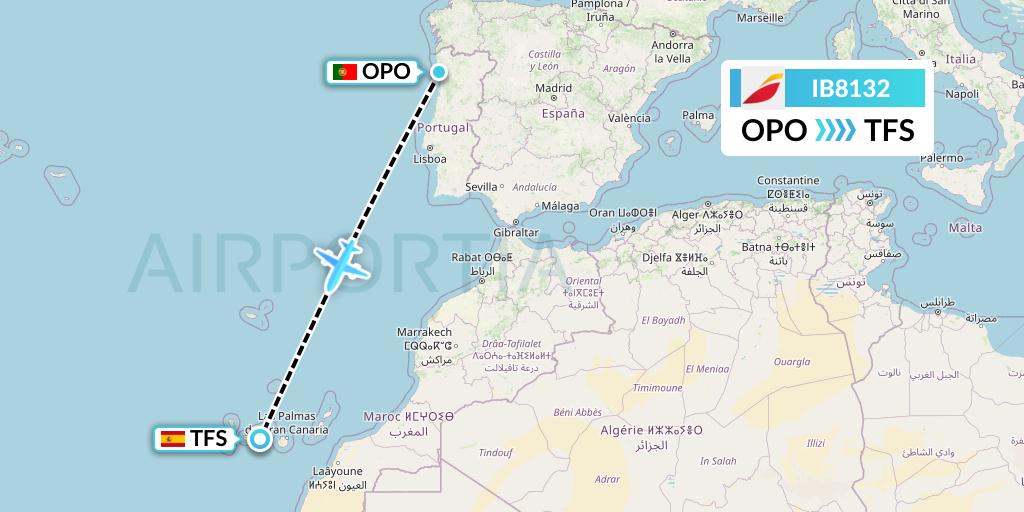 IB8132 Iberia Flight Map: Porto to Tenerife