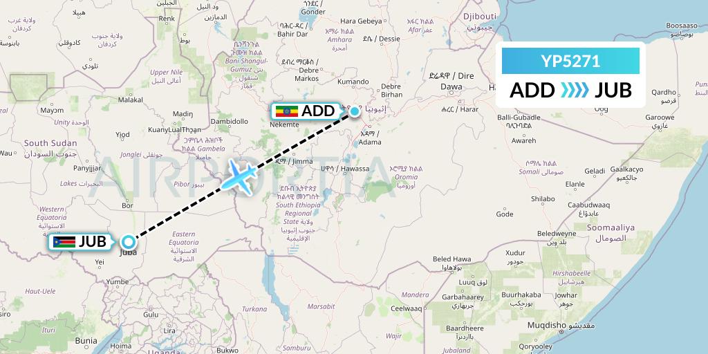 YP5271 Air Premia Flight Map: Addis Ababa to Juba