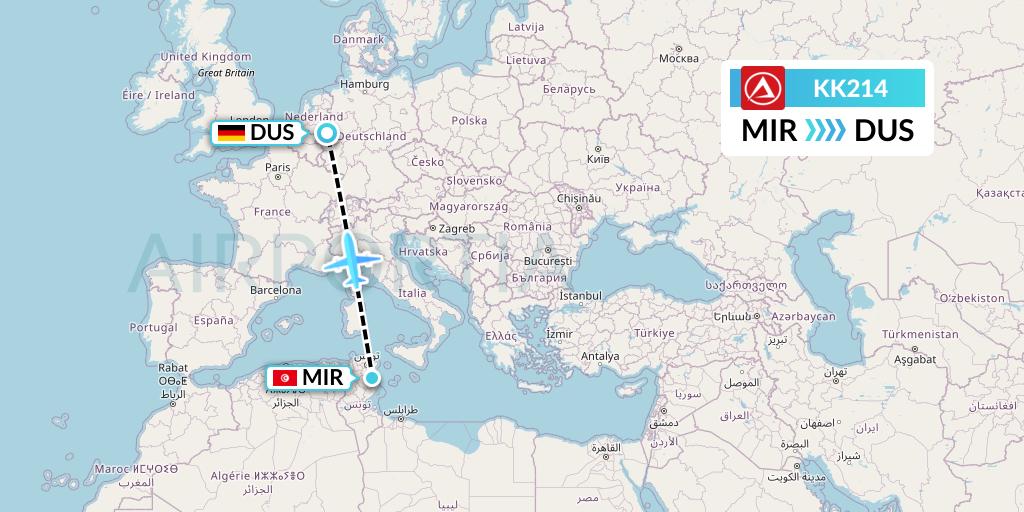 KK214 Atlasjet Flight Map: Monastir to Dusseldorf