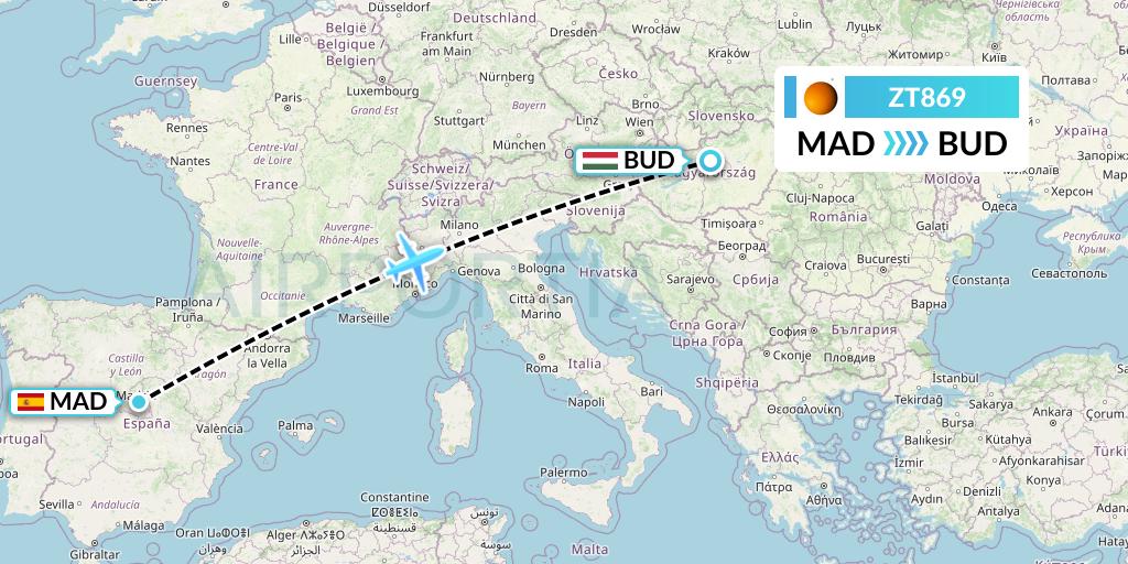 ZT869 Titan Airways Flight Map: Madrid to Budapest