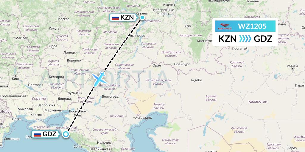 WZ1205 Red Wings Flight Map: Kazan to Gelendzhik