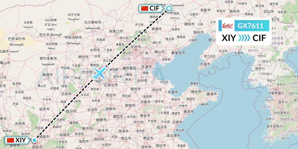GX7611 GX Airlines Flight Map: Xi'an to Chifeng