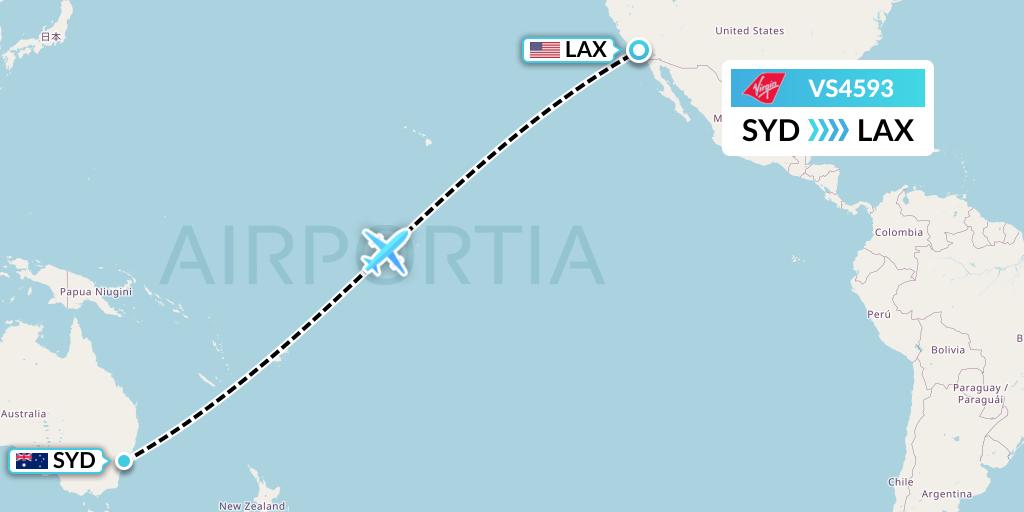 VS4593 Virgin Atlantic Airways Flight Map: Sydney to Los Angeles