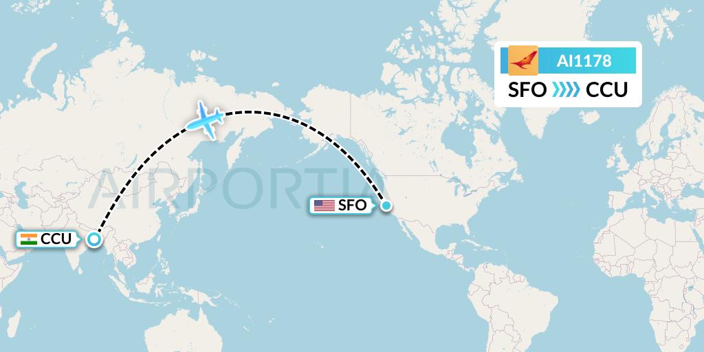 AI1178 Air India Flight Map: San Francisco to Kolkata