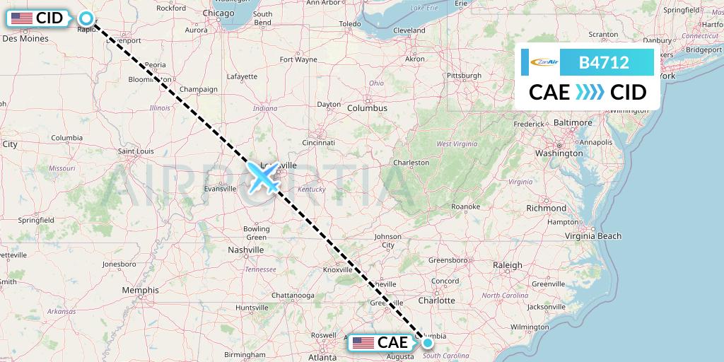 B4712 Zanair Flight Map: Columbia to Cedar Rapids