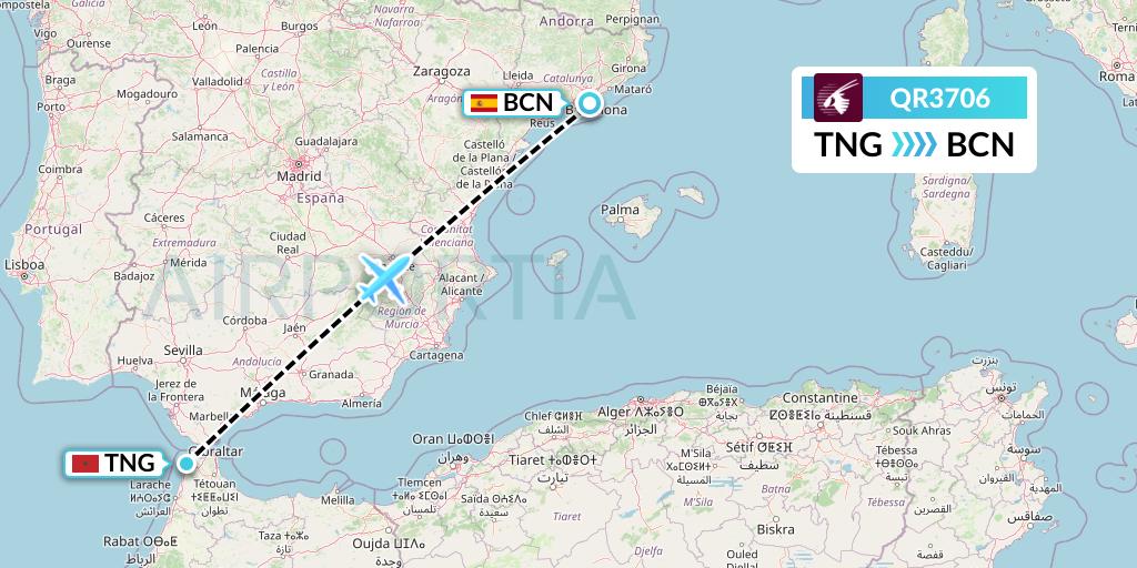QR3706 Qatar Airways Flight Map: Tangier to Barcelona