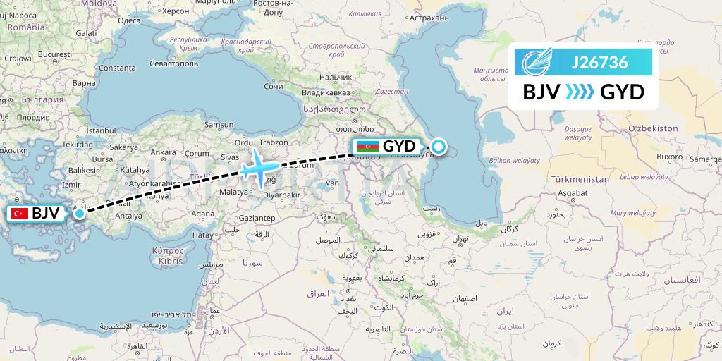 J26736 Azerbaijan Airlines Flight Map: Bodrum to Baku