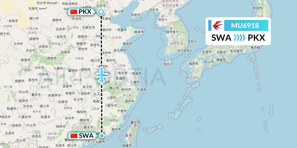 MU6918 China Eastern Airlines Flight Map: Jieyang to Beijing