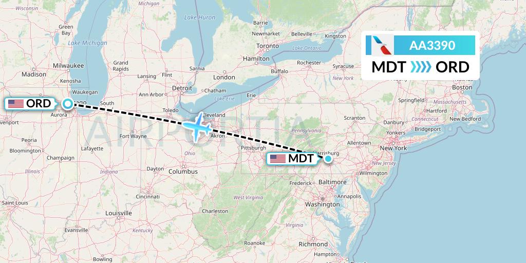 AA3390 American Airlines Flight Map: Harrisburg to Chicago