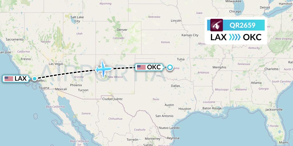 QR2659 Qatar Airways Flight Map: Los Angeles to Oklahoma City