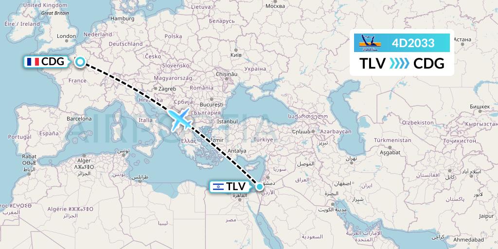 4D2033 Air Sinai Flight Map: Tel Aviv to Paris