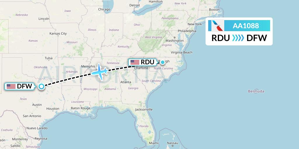 AA1088 American Airlines Flight Map: Raleigh-Durham to Dallas
