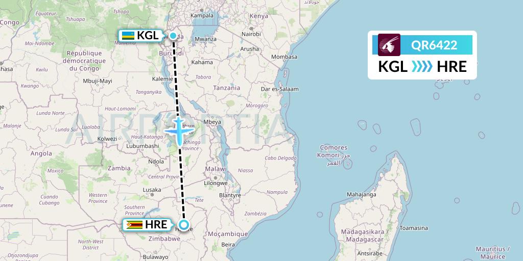 QR6422 Qatar Airways Flight Map: Kigali to Harare