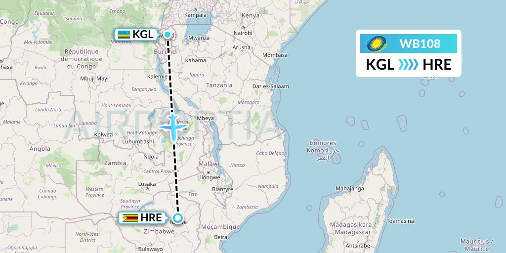WB108 RwandAir Flight Map: Kigali to Harare