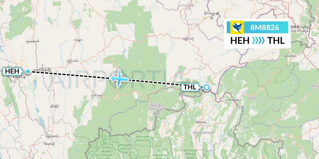 8M8826 Myanmar Airways International Flight Map: Heho to Tachilek