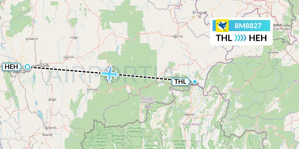 8M8827 Myanmar Airways International Flight Map: Tachilek to Heho