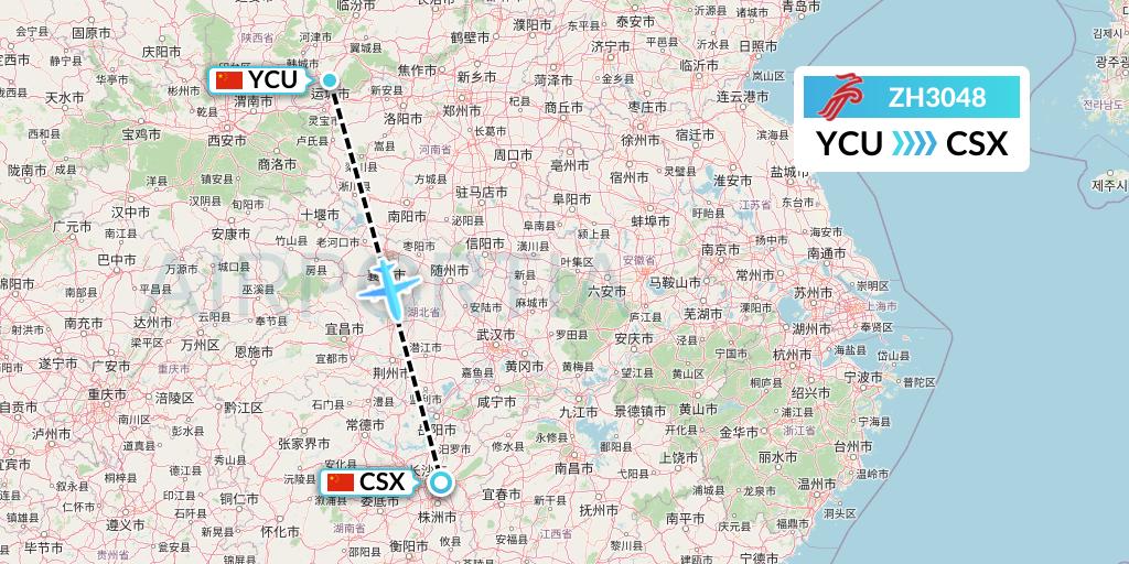 ZH3048 Shenzhen Airlines Flight Map: Yuncheng to Changsha