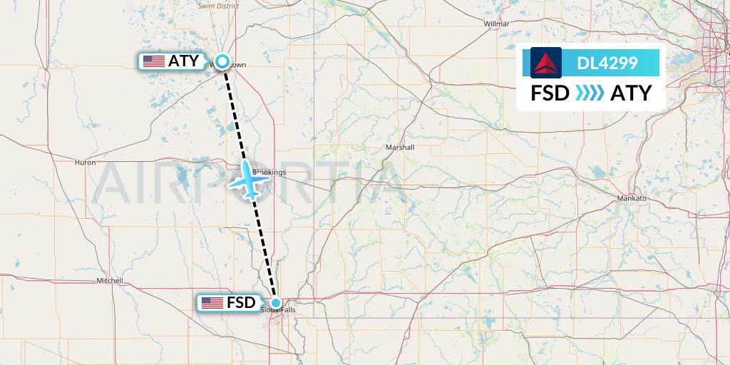 DL4299 Delta Air Lines Flight Map: Sioux Falls to Watertown