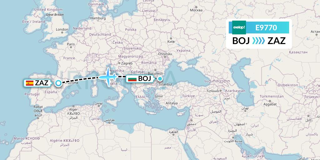 E9770 Evelop Airlines Flight Map: Burgas to Zaragoza
