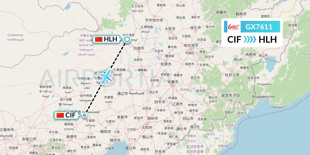 GX7611 GX Airlines Flight Map: Chifeng to Ulanhot