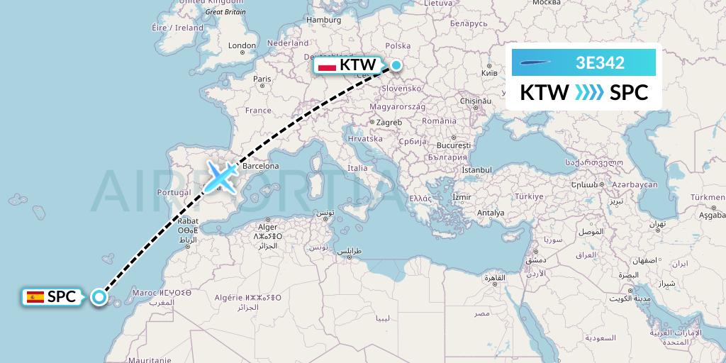 3E342 Air Choice One Flight Map: Katowice to La Palma