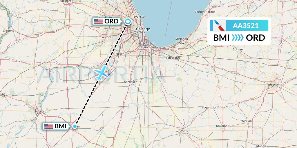 AA3521 American Airlines Flight Map: Bloomington to Chicago