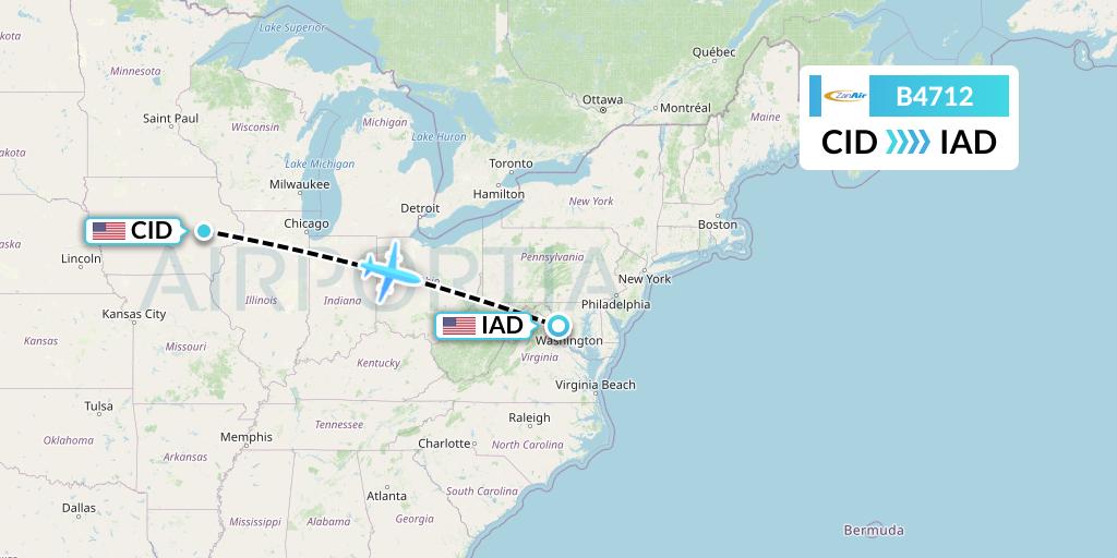 B4712 Zanair Flight Map: Cedar Rapids to Washington