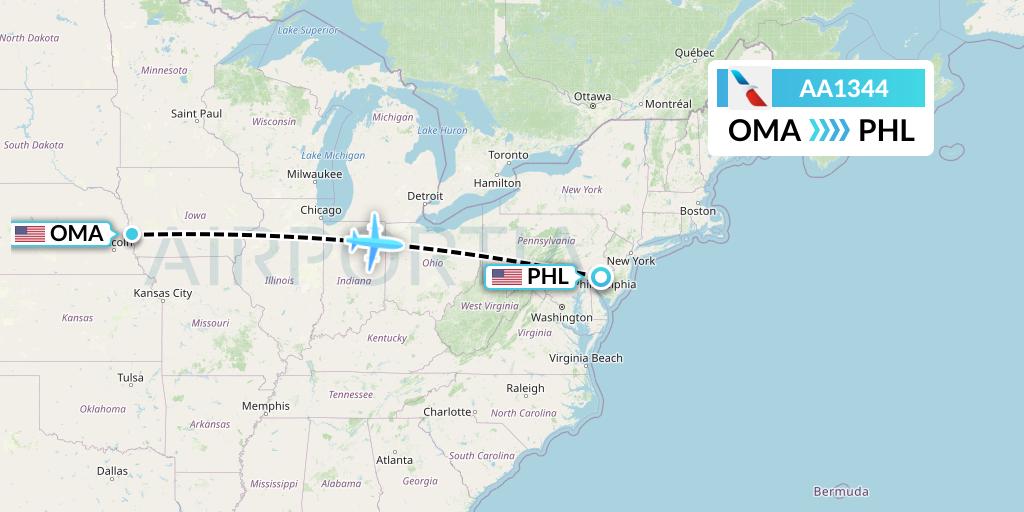 AA1344 American Airlines Flight Map: Omaha to Philadelphia