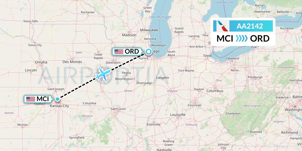 AA2142 American Airlines Flight Map: Kansas City to Chicago