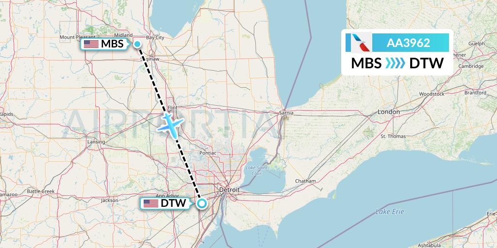 AA3962 American Airlines Flight Map: Saginaw to Detroit
