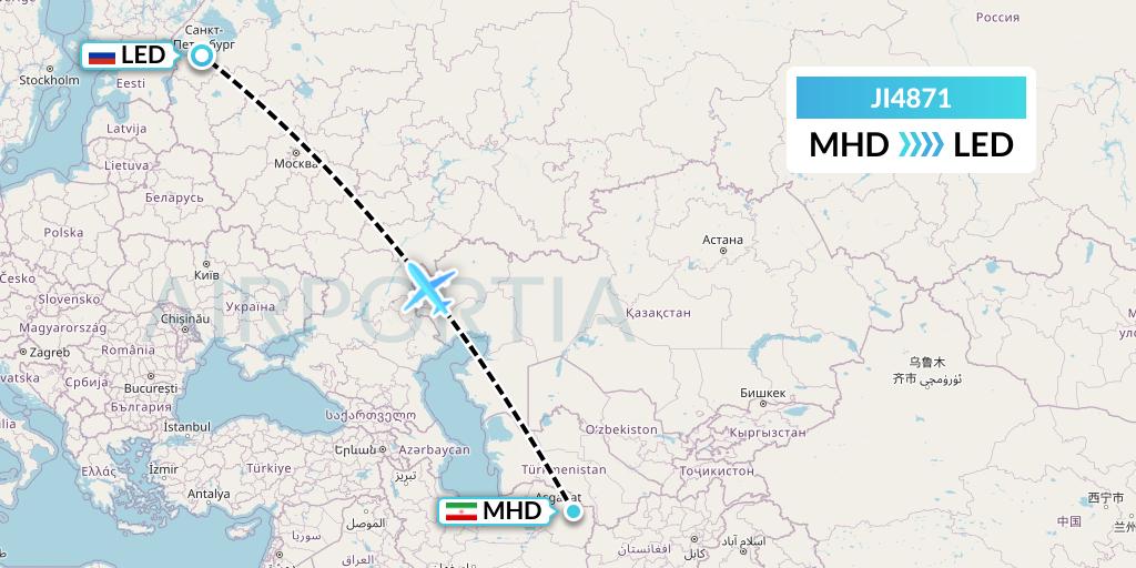 JI4871 Armenian Airlines Flight Map: Mashhad to St. Petersburg