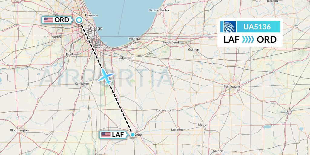 UA5136 United Airlines Flight Map: Lafayette to Chicago