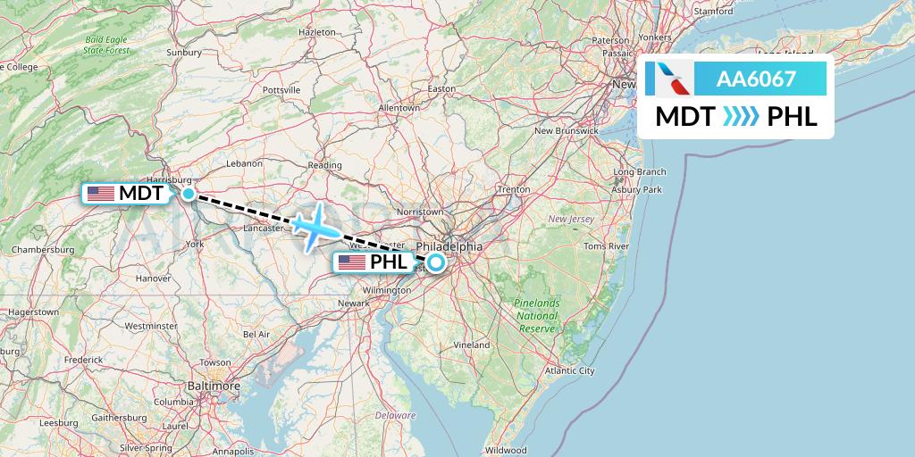 AA6067 American Airlines Flight Map: Harrisburg to Philadelphia