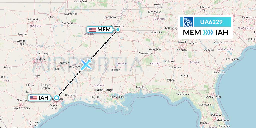 UA6229 United Airlines Flight Map: Memphis to Houston