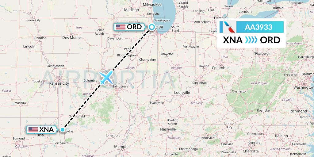 AA3933 American Airlines Flight Map: Bentonville to Chicago