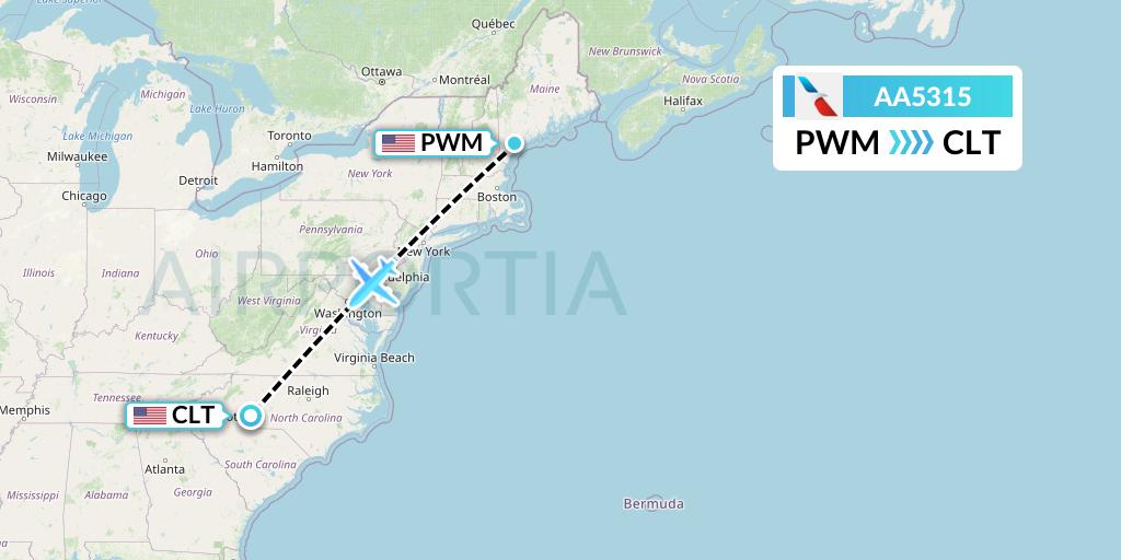 AA5315 American Airlines Flight Map: Portland to Charlotte