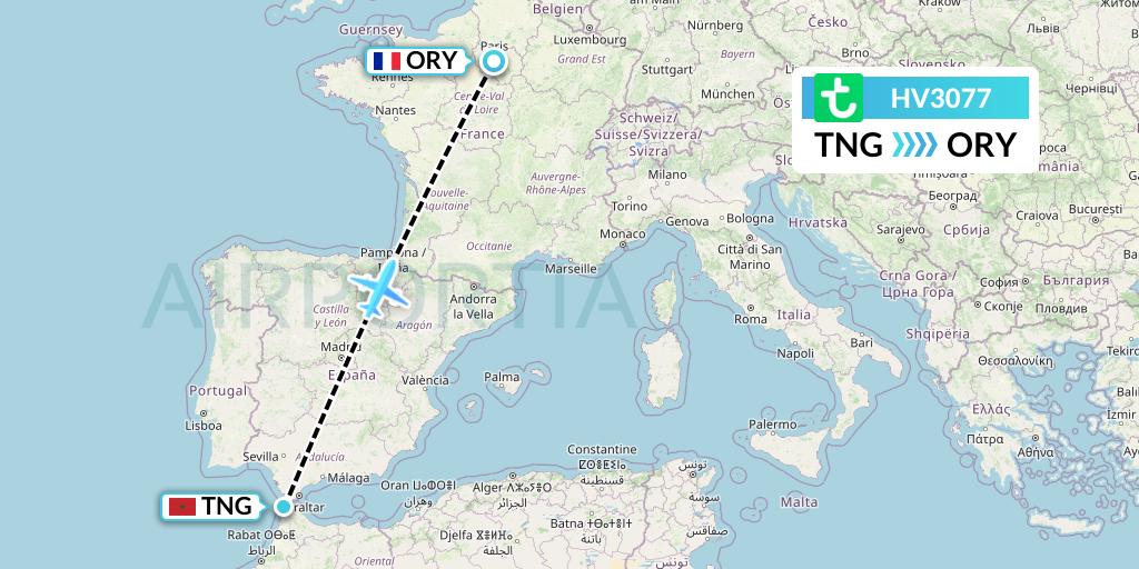 HV3077 Transavia Flight Map: Tangier to Paris