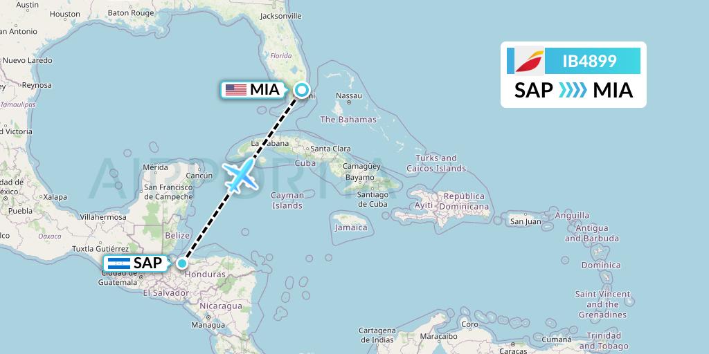 IB4899 Iberia Flight Map: San Pedro Sula to Miami