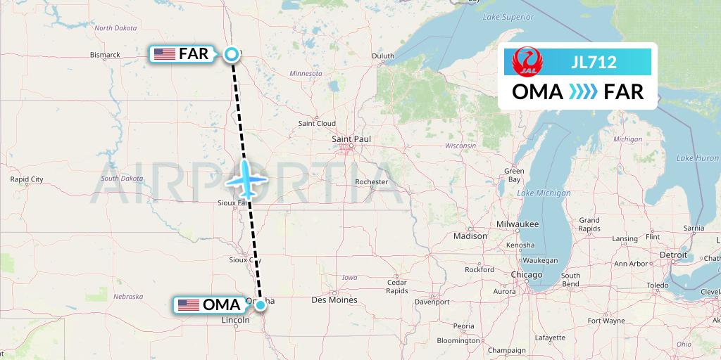 JL712 Japan Airlines Flight Map: Omaha to Fargo