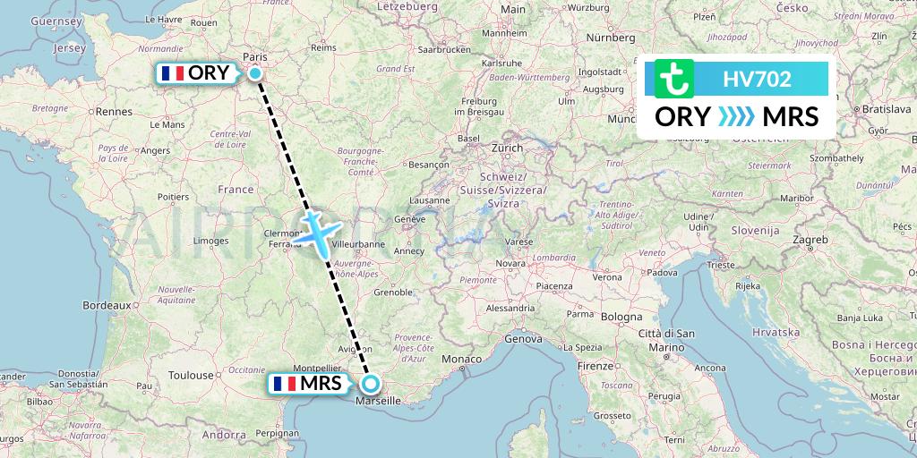 HV702 Transavia Flight Map: Paris to Marseille