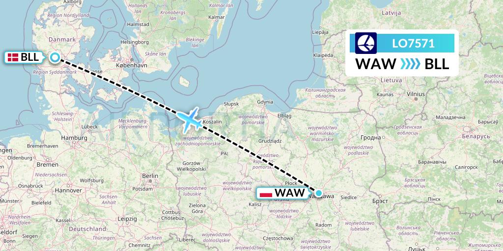 LO7571 LOT Flight Map: Warsaw to Billund