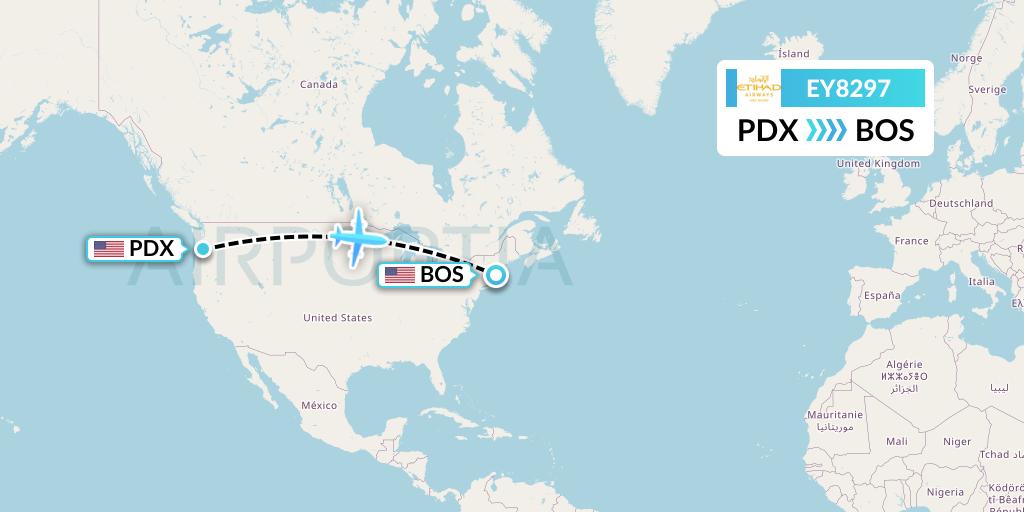 EY8297 Etihad Airways Flight Map: Portland to Boston